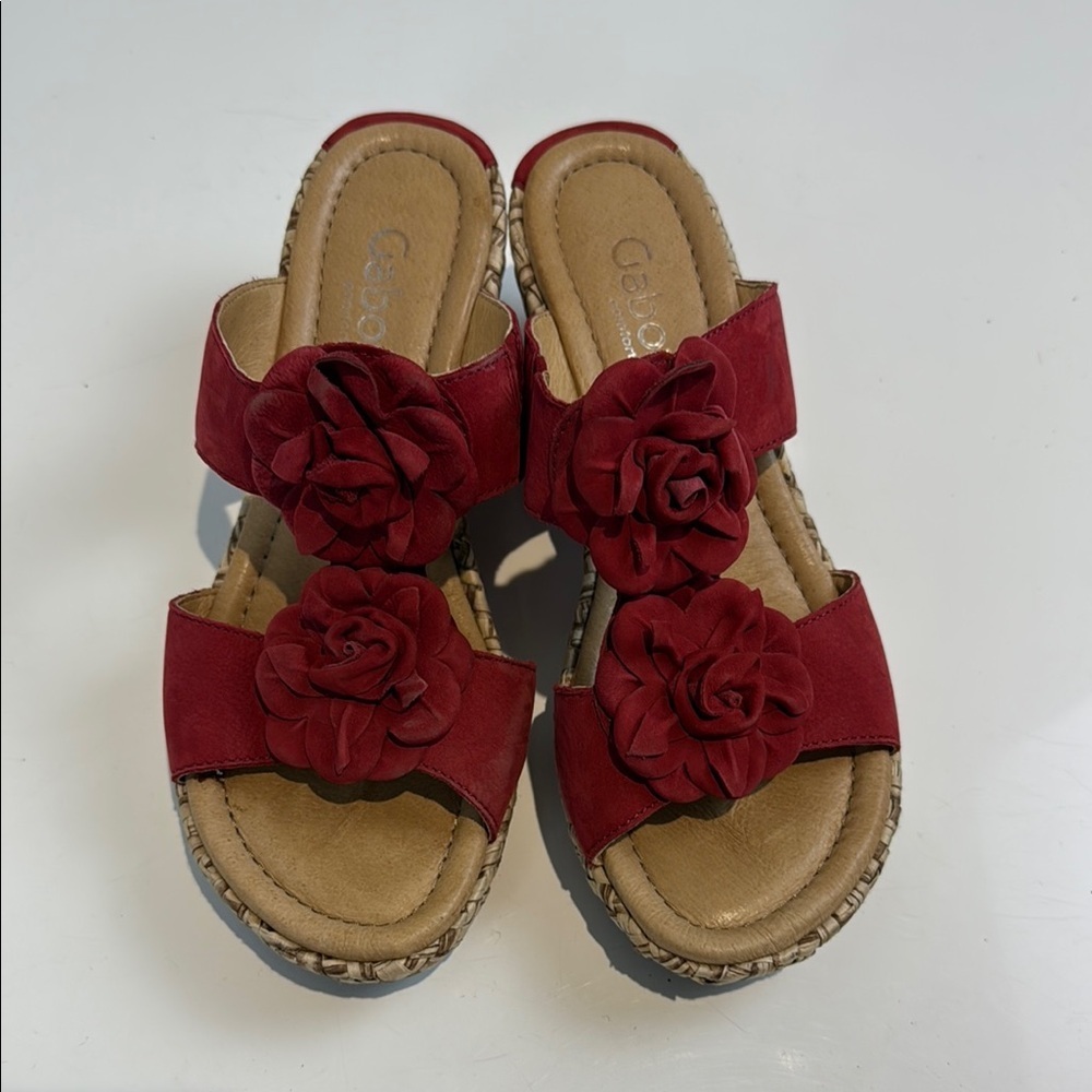 Gabor Red Sandals with Suede Straps and Cork Sole